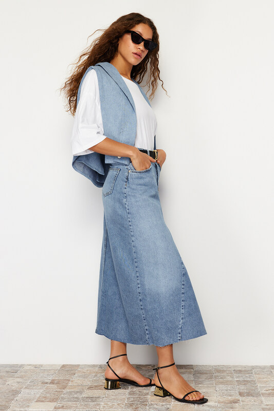 Trendyol Blue Flounce Sewing Detailed High Waist Maxi Denim Skirt