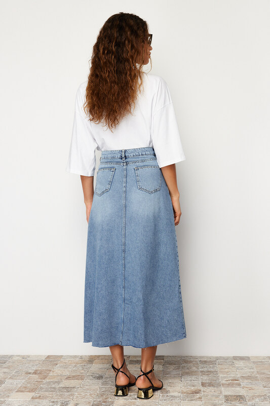 Trendyol Blue Flounce Sewing Detailed High Waist Maxi Denim Skirt