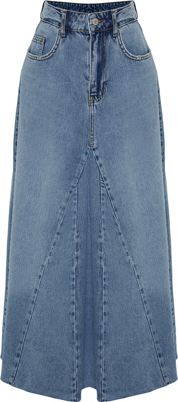 Trendyol Blue Flounce Sewing Detailed High Waist Maxi Denim Skirt