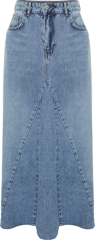 Trendyol Blue Flounce Sewing Detailed High Waist Maxi Denim Skirt