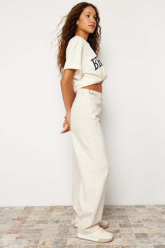 Trendyol Ecru Loose Cut High Waist Carpenter Skater Jeans