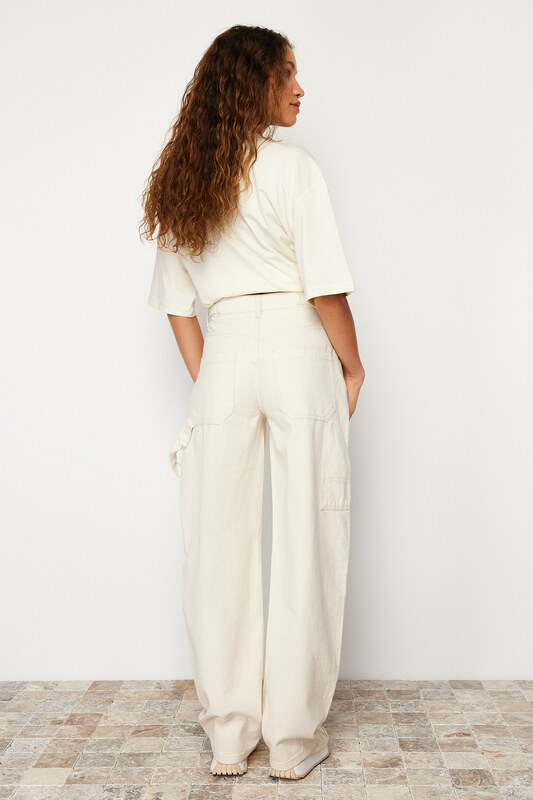Trendyol Ecru Loose Cut High Waist Carpenter Skater Jeans