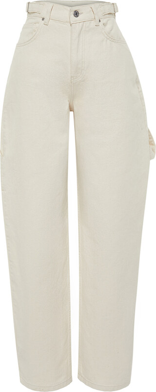 Trendyol Ecru Loose Cut High Waist Carpenter Skater Jeans