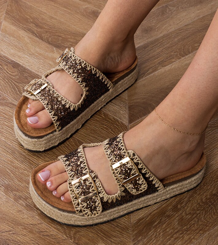 Gemre Brown glitter buckle espadrille slides Induri