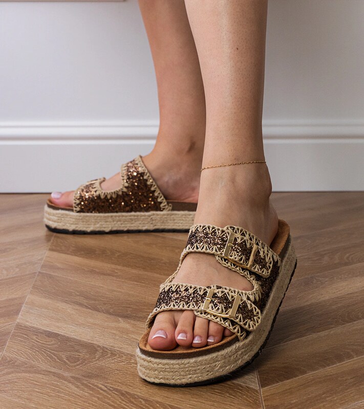 Gemre Brown glitter buckle espadrille slides Induri