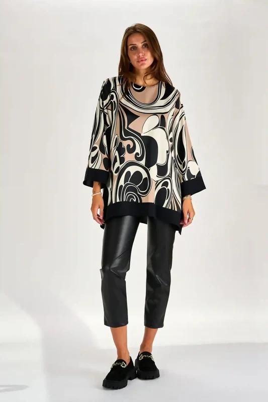 Just-R ŠIROKA BLUZA Z VZORCI IZ VISKOZE SATIN - Rjava, M