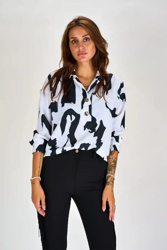 Just-R VZORČASTA BLUZA Z GUMBOM - Bež, S