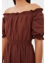 Trendyol Brown Waist Gimped Madonna Neck Midi Linen Look Woven Dress