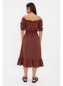 Trendyol Brown Waist Gimped Madonna Neck Midi Linen Look Woven Dress