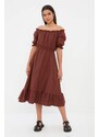 Trendyol Brown Waist Gimped Madonna Neck Midi Linen Look Woven Dress
