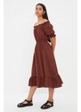 Trendyol Brown Waist Gimped Madonna Neck Midi Linen Look Woven Dress