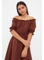 Trendyol Brown Waist Gimped Madonna Neck Midi Linen Look Woven Dress