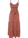 Trendyol Dusty Rose Skirt Flounced Back Tie Detail Strap Maxi Woven Dress