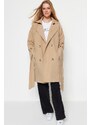 Trendyol bež prevelik širok ovratnik in pas podroben trench plašč
