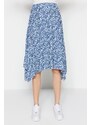 Trendyol Indigo Patterned Flounce Asymmetric High Waist Midi Flexible Knitted Skirt