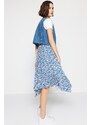 Trendyol Indigo Patterned Flounce Asymmetric High Waist Midi Flexible Knitted Skirt