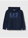 Otroški bombažen pulover EA7 Emporio Armani mornarsko modra barva, s kapuco