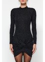 Trendyol Black Fit bleščice Srebrno pletena elegantna večerna obleka