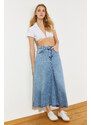 Trendyol Blue Flounce Sewing Detailed High Waist Maxi Denim Skirt