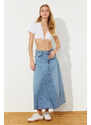 Trendyol Blue Flounce Sewing Detailed High Waist Maxi Denim Skirt