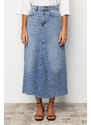 Trendyol Blue Flounce Sewing Detailed High Waist Maxi Denim Skirt