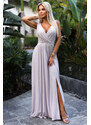 NUMOCO 467-2 LOUISE long dress with a neckline and leg slit - beige with glitter