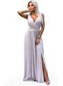 NUMOCO 467-2 LOUISE long dress with a neckline and leg slit - beige with glitter