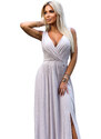 NUMOCO 467-2 LOUISE long dress with a neckline and leg slit - beige with glitter