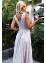 NUMOCO 467-2 LOUISE long dress with a neckline and leg slit - beige with glitter