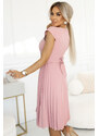 NUMOCO 311-19 LILA Classic pleated dress with short sleeves and a belt - powder pink