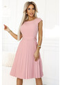 NUMOCO 311-19 LILA Classic pleated dress with short sleeves and a belt - powder pink