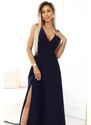 NUMOCO 634-1 MIRA elegant maxi dress with a wrap neckline and a slit on the leg - navy blue