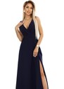NUMOCO 634-1 MIRA elegant maxi dress with a wrap neckline and a slit on the leg - navy blue