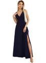NUMOCO 634-1 MIRA elegant maxi dress with a wrap neckline and a slit on the leg - navy blue