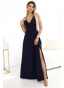 NUMOCO 634-1 MIRA elegant maxi dress with a wrap neckline and a slit on the leg - navy blue