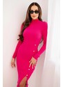Kesi Włoski Women's ribbed dress with a turtleneck and decorative buttons pink